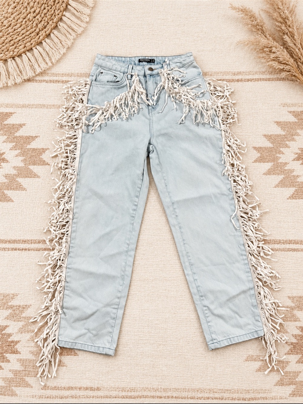 NastyGal Light Blue w/ Cream Fringe Trim Jeans Sz 4 Western Boho Statement Jeans
